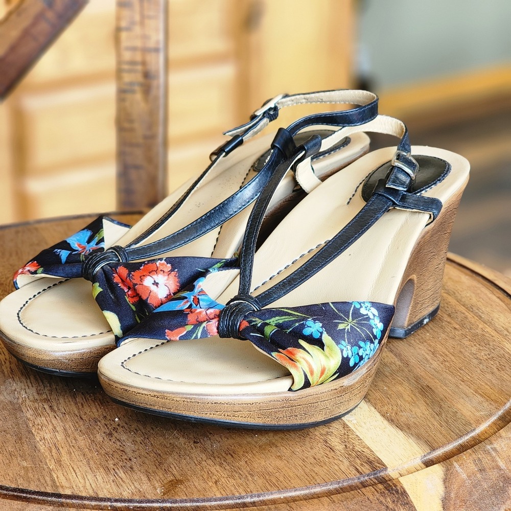 Dansko Black Floral T-Strap Wedge Sandals with Wood-Tone Heel